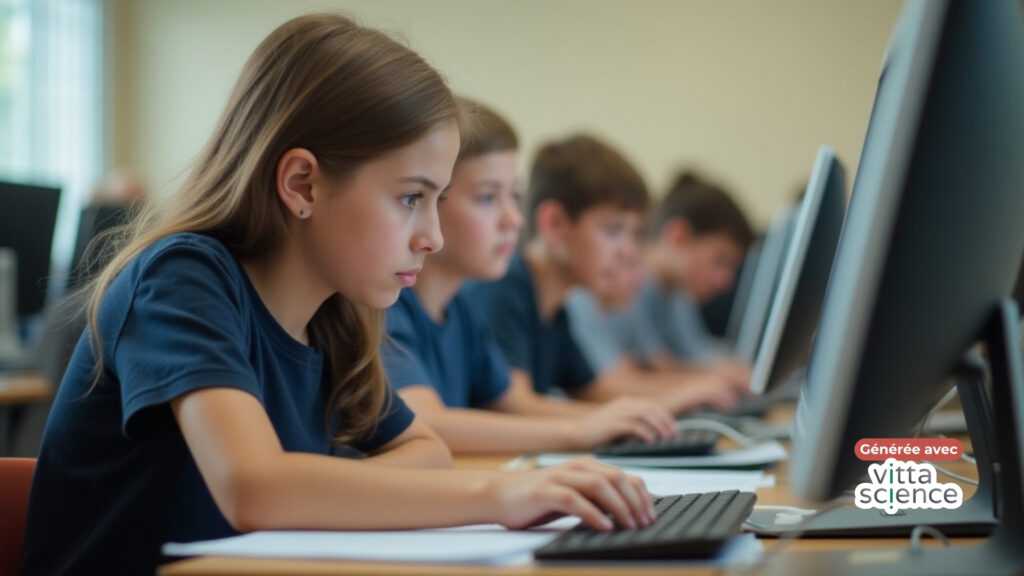 Des adolescents (lycéens) filles et garçons qui travaillent sur des ordinateurs dans une salle de classe, couleurs vert foncé, gris, beige, noir.